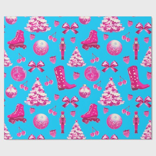 Schattige Girly Preppy Pink Christmas op Blue Cadeaupapier (Vlak)