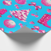 Schattige Girly Preppy Pink Christmas op Blue Cadeaupapier (Hoek)