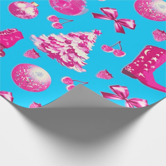 Schattige Girly Preppy Pink Christmas op Blue Cadeaupapier (Hoek)