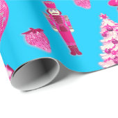 Schattige Girly Preppy Pink Christmas op Blue Cadeaupapier (Rol Hoek)