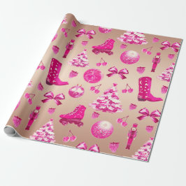 Schattige Girly Preppy Roze Kerst Roos Goud Cadeaupapier