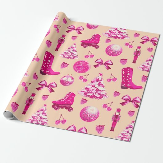 Schattige Girly Preppy Roze Kerstmis Cadeaupapier (Uitgerold)