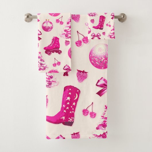 Schattige Girly Preppy Roze Kerstpatroon Bad Handdoek (Insitu)