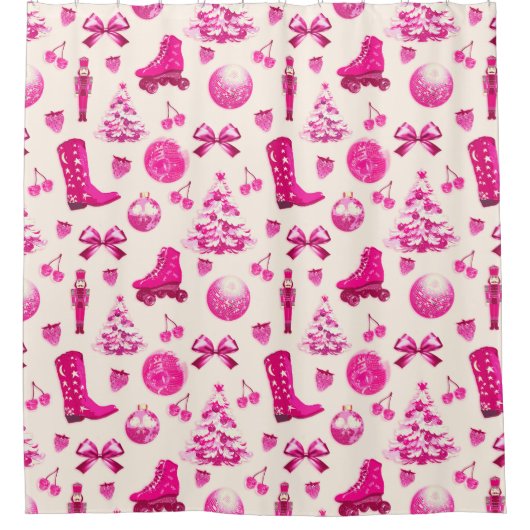 Schattige Girly Preppy Roze Kerstpatroon Douchegordijn (Voorkant)