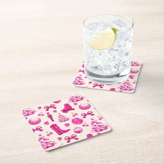 Schattige Girly Preppy Roze Kerstpatroon Kartonnen Onderzetters (Insitu)