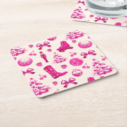 Schattige Girly Preppy Roze Kerstpatroon Kartonnen Onderzetters (Schuin)