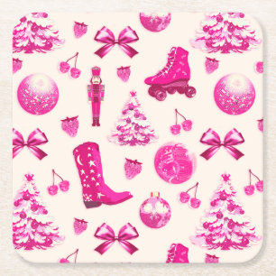 Schattige Girly Preppy Roze Kerstpatroon Kartonnen Onderzetters