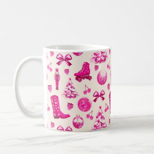 Schattige Girly Preppy Roze Kerstpatroon Koffiemok (Links)