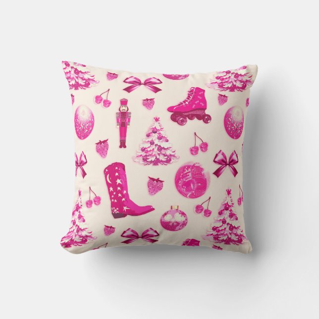 Schattige Girly Preppy Roze Kerstpatroon Kussen (Voorkant)
