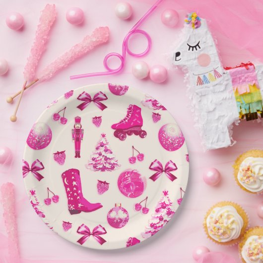 Schattige Girly Preppy Roze Kerstpatroon Papieren Bordje (Feest)