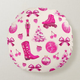 Schattige Girly Preppy Roze Kerstpatroon Rond Kussen