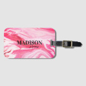Schattige girly rood roze marmer art monogram bagagelabel (Voorkant (horizontaal))