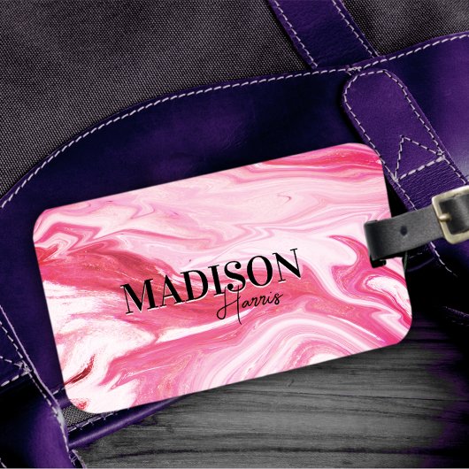 Schattige girly rood roze marmer art monogram bagagelabel