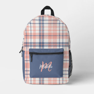 Schattige Girly Roze en Blauw Plaid Monogram Bedrukte Rugzak