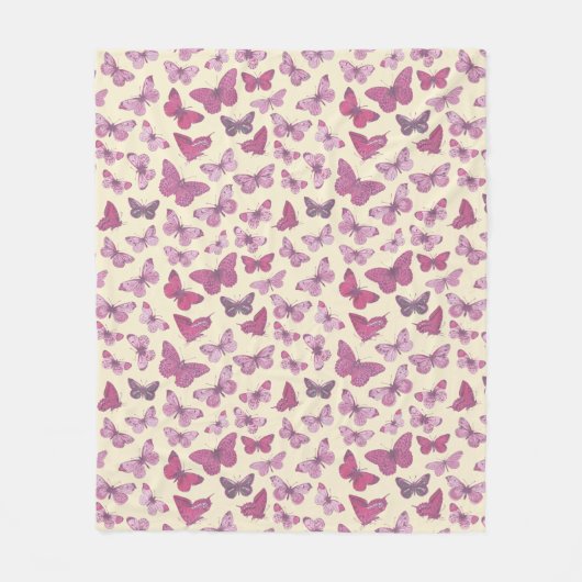 Schattige Girly Roze Vlinderpatroon op Beige Fleece Deken (Voorkant)