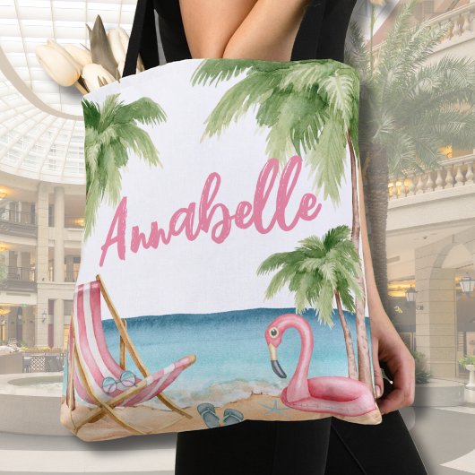 Schattige Girly Roze Waterverf Tropisch strand Tote Bag