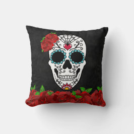 Schattige Girly Sugar Skull Red Roses Kussen