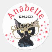 Schattige Glam Black Cat Red Gold Glitter Party St Ronde Sticker (Voorkant)