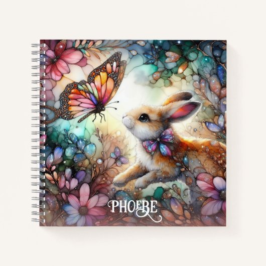 Schattige Glas in lood Konijntje Bloemen Roze Naam Notitieboek (Voorkant)