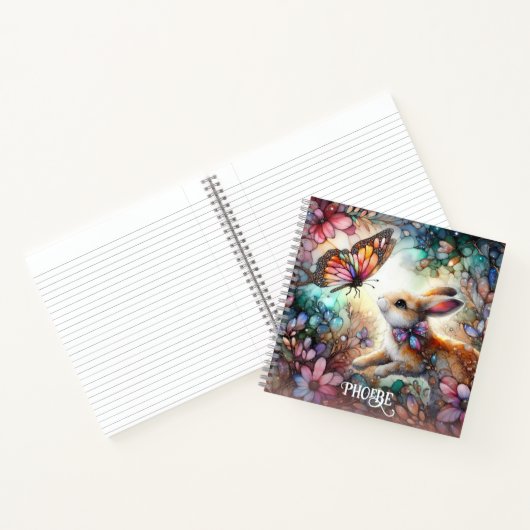 Schattige Glas in lood Konijntje Bloemen Roze Naam Notitieboek (Binnen)