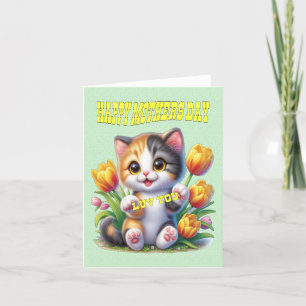 Schattige glimlachende kat die een gelukkige Moede Feestdagen Kaart