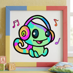 Schattige glimlachende Kawaii baby kameleon met ko Foto Afdruk