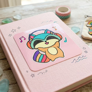 Schattige glimlachende Kawaii Baby Wasbeer met Hoo Vierkante Sticker