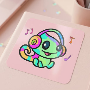 Schattige glimlachende Kawaii-babykameleon met hoo Vierkante Sticker