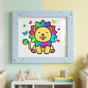 Schattige glimlachende Kawaii Leeuw met Vlinders C Foto Afdruk