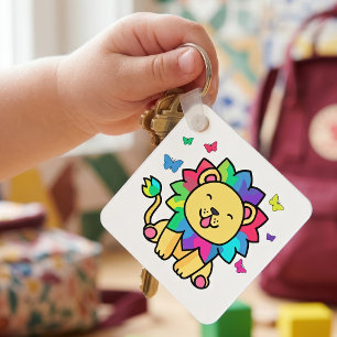 Schattige glimlachende Kawaii Leeuw met Vlinders C Sleutelhanger