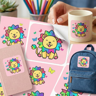 Schattige glimlachende Kawaii Leeuw met Vlinders C Vierkante Sticker