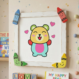Schattige glimlachende Kawaii Teddibeer met Liefde Foto Afdruk