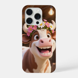 Schattige glimlachende koe met bloemenkroon esthet iPhone 15 pro case