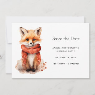 Schattige glimlachende vos puppy in een rode sjaal save the date