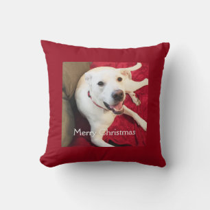 Schattige glimlachende witte puppy hond Kerstmis R Kussen