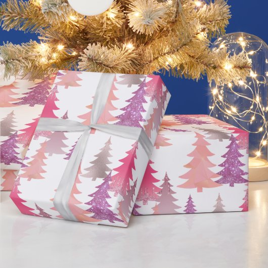 Schattige Glitter Roze Kerstboom Patroon Cadeaupapier (Feestdagen)