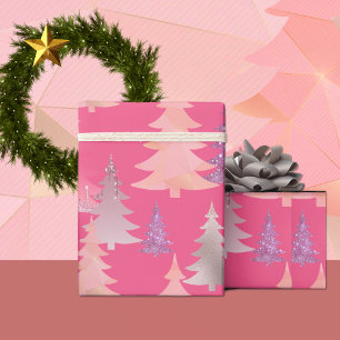 Schattige Glitter Roze Kerstboom Patroon Cadeaupapier