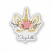 Schattige Glitter Unicorn, Flowers - Gepersonalise Sticker (Voorkant)