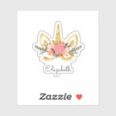Schattige Glitter Unicorn, Flowers - Gepersonalise Sticker (Vel)
