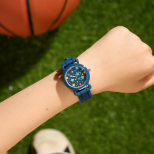 Schattige gloeiende sterren op blauw horloge