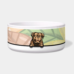 Schattige glurende Dogue de Bordeaux, eten of drin Voerbakje