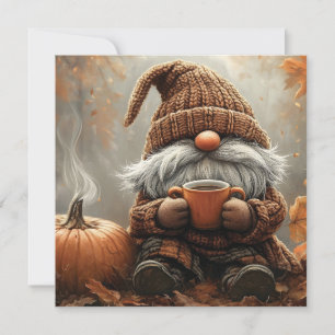 Schattige Gnome met Hot Cocoa naast een pompoen Feestdagenkaart