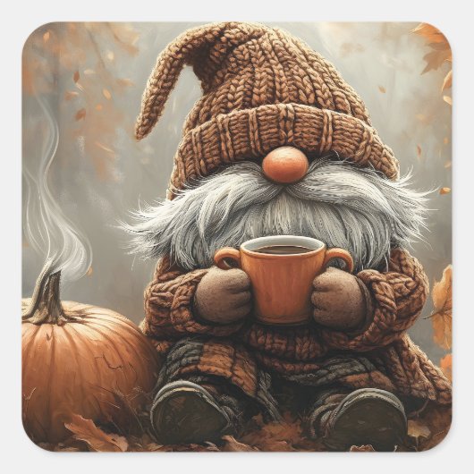 Schattige Gnome met Hot Cocoa naast een pompoen Vierkante Sticker (Voorkant)