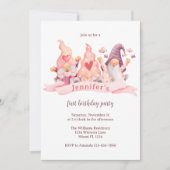 Schattige Gnome Roze Eerste Verjaardagsfeestje Kaart (Voorkant)