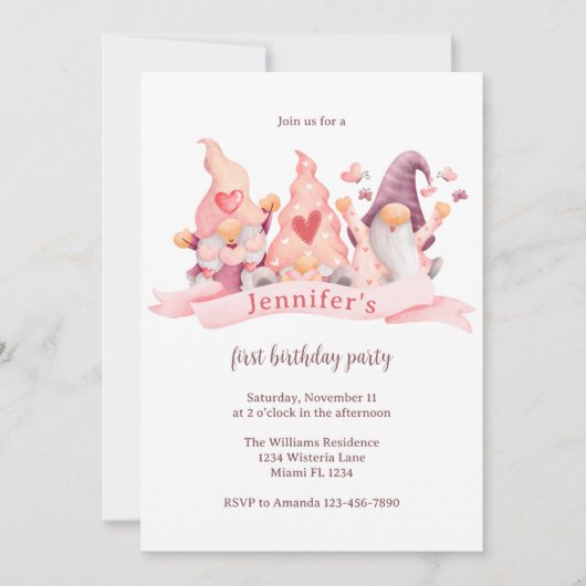 Schattige Gnome Roze Eerste Verjaardagsfeestje Kaart (Voorkant)