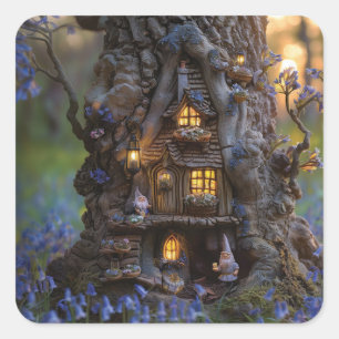 Schattige gnoom huis in een boom vierkante sticker
