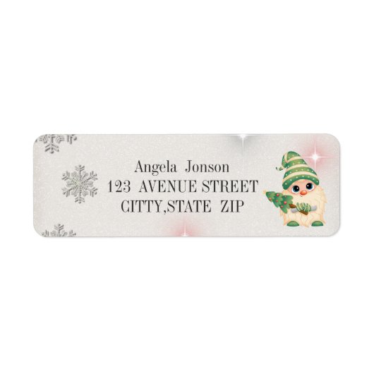 Schattige gnoom, sneeuwvlokken, glitter etiket (Voorkant)