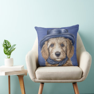 SCHATTIGE GOLDEN DOODLE PUPPY MET BLAUW PET KUSSEN