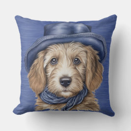 SCHATTIGE GOLDEN DOODLE PUPPY MET BLAUW PET KUSSEN