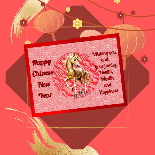 Schattige Golden Horse Chinees Nieuwjaar Briefkaar Feestdagenkaart